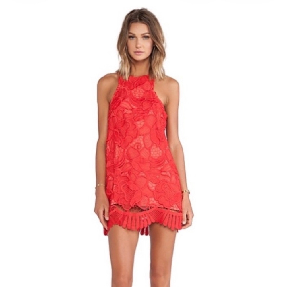 Lovers + Friends Red Lace Halter Mini Dress Scalloped Fringe Hem Small